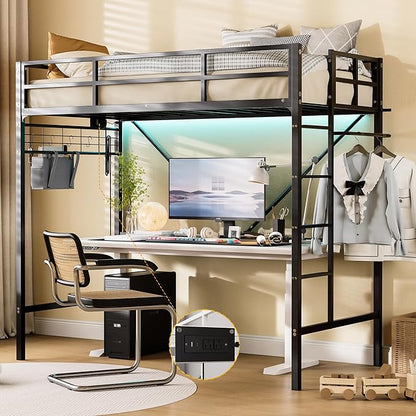 Loft Bed Twin,Loft Bed with Built-in Power Outlet LED Lights,Clothing Hanger,Storage Pouch,Heavy Duty Metal Safety Guard Rail for Kids Teens Adults,No Box Spring Needed,Black