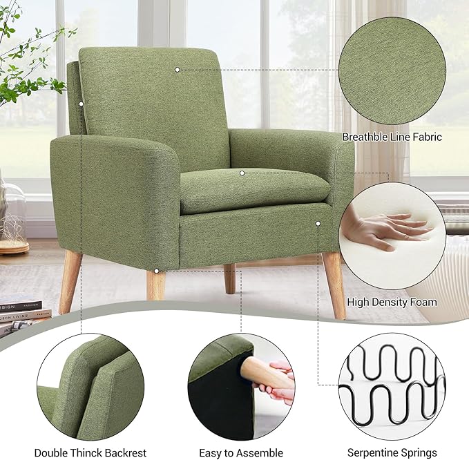 Lohoms Accent Chair Set of 2 Living Room Mid-Century Modern Chair, Upholstered Fabric Comfy Club Armchair Pair of Leisure Sofa Chairs for Bedroom, Small Apartment, Office, Green