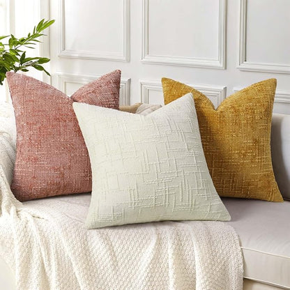decorUhome Pink Chenille Throw Pillow Covers 18x18 Set of 2 Thick Textured Slubby Couch Pillow Covers Farmhouse Accent Modern Neutral Decorative Pillow Cases for Bed Sofa Living Room