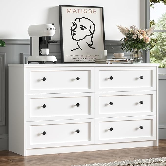 CHUWELL White Dresser for Bedroom, 55.1" Wide Dressers & Chests of Drawers with Large Capacity Storage, 6 Drawer Dresser for Bedroom