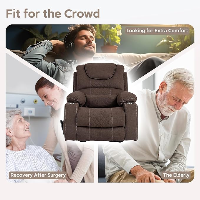 Power Lift Lazy Boy Recliner Chair, 2 Motor Flat Recliner, Nursing Lift Chair with Massage and Lumbar Heating, Adult Power Recliner with Side Pockets, Folding Table, Remote Control