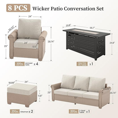 Patio Furniture Set 8 pcs, Wicker Rattan Outdoor Furniture with 5.5" Thick Waterproof Cushions, and 56" Fire Pit Table, All Weather Outdoor Conversation Set for Backyard Deck, 9 Seats Beige