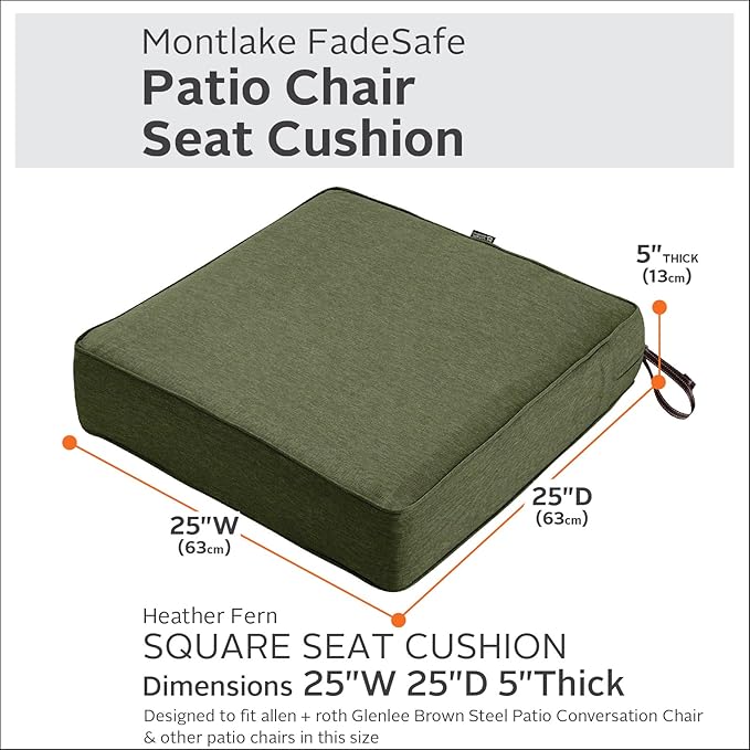 Classic Accessories Montlake Water-Resistant 25 x 25 x 5 Inch Square Outdoor Seat Cushion, Patio Furniture Chair Cushion, Heather Fern Green, Outdoor Cushion Cover