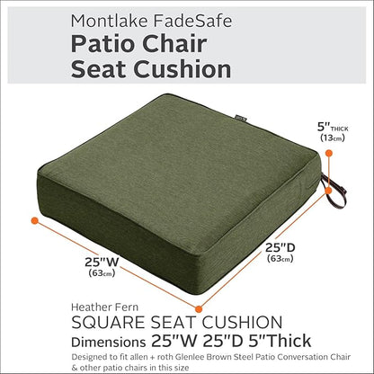 Classic Accessories Montlake Water-Resistant 25 x 25 x 5 Inch Square Outdoor Seat Cushion, Patio Furniture Chair Cushion, Heather Fern Green, Outdoor Cushion Cover