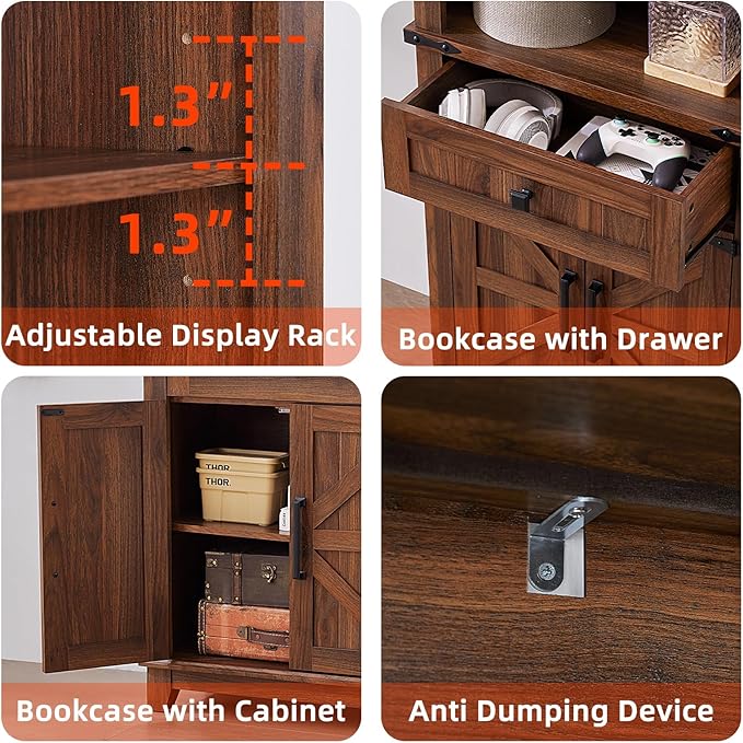 72in Tall Bookshelf 7 Tier Bookcase with Drawer and Barn Doors and Adjustable Shelves, Brown Farmhouse Book Shelf with Storage Cabinet, Wood Freestanding Display Bookshelves for Kitchen