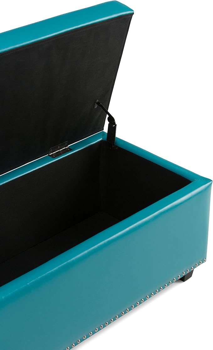 SIMPLIHOME Hamilton 48 inch Wide Transitional Rectangle Storage Ottoman in Mediterranean Blue Vegan Faux Leather, Assembled, For the Living Room, Entryway and Family Room