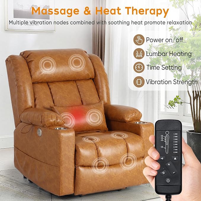 ABCASA Oversized Zero Gravity Power Lift Recliner Chair for Elderly Set of 2, Wide Dual Motor Recliners, Heat & Massage, Charging Ports, Cup Holders, Extended Footrest, PU Leather, Orange Brown