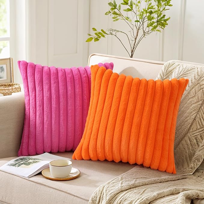 Pallene Faux Fur Plush Throw Pillow Covers 18x18 Set of 2, Luxury Soft Fluffy Striped Decorative Pillow Covers for Sofa, Couch, Living Room, Hot Pink