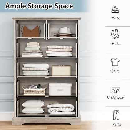 6 Drawer Dresser for Bedroom, 43" Tall Wooden Chest of Drawers, Rustic Farmhouse Dresser with Large Drawers & Metal Handles, Modern Storage Organizer for Closet, Living Room, Hallway, Grey