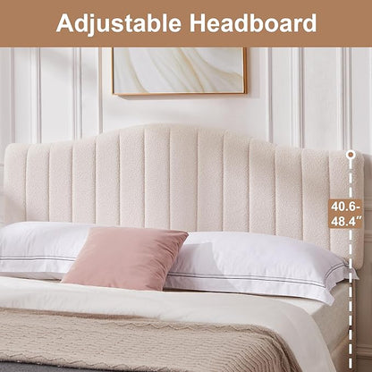 VECELO Queen Size Bed Frame Upholstered Platform Beds with Height-Adjustable Teddy Fabric Headboard, Strong Wood Slats 7.9'' Under Bed Storage Space Noise-Free No Box Spring Needed, Cream