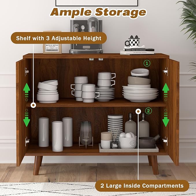 Accent Cabinet with Carving Lines, Modern Buffet Sideboard with Adjustable Shelves, Decorative Storage Cabinets for Bedroom Living Room Kitchen Office and Hallway (Walnut, 1)
