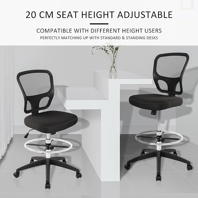 HYLONE Ergonomic Office Chairs, Office Drafting Chair, Rolling Stool Chair Armless Standing Desk Chair with Footrest Bar Stools for Home,Office & Bar