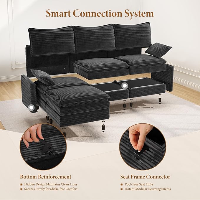 Vesgantti 142" Oversized Sectional Sofa Bed, 8-Seater Modular Sleeper Cloud Couch with Movable Ottoman, Corduroy Convertible Sofa Set Deep Seat Couches for Living Room, Bedroom and Apartment, Gray
