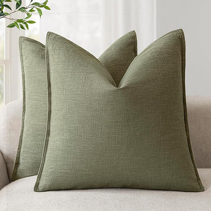 Foindtower Pack of 2, Decorative Linen Soild Throw Pillow Covers Soft Accent Cushion Case Farmhouse Neutral Pillowcase for Chair Couch Sofa Bedroom Living Room Home Decor 22x22 Inch Olive Branch Green
