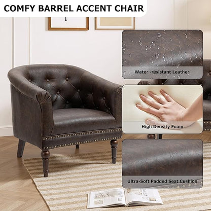 Lumibee Faux Leather Barrel Chair, Upholstered Accent Chair for Living Room, Modern Comfy Club Armchair for Office, Bedroom, Waiting Room-Chocolate