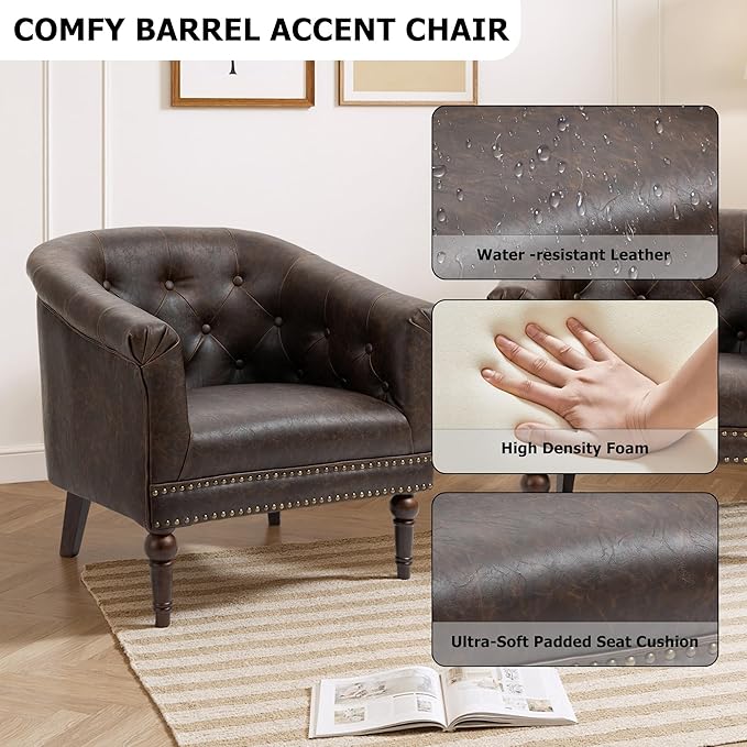 Lumibee Faux Leather Barrel Chairs, Upholstered Accent Chairs Set of 4 for Living Room, Modern Comfy Club Armchairs for Office, Bedroom, Waiting Room-Chocolate