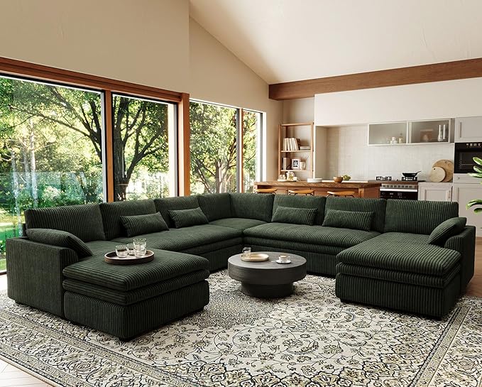 Belffin Large Modular Sectional Sofa with Double Deep Chaise and Loveseat, Corduroy U Shaped Couch with 9" Soft Dual-Layer 9 Seats Cushion for Living Room, Apartment, Green
