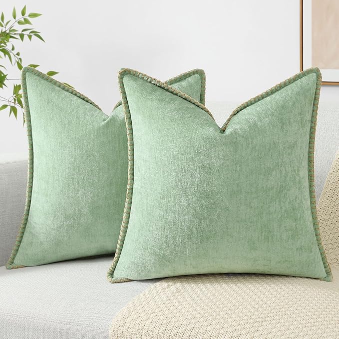 decorUhome Christmas Chenille Soft Throw Pillow Covers 24x24 Set of 2, Farmhouse Velvet Neutral Decorative Euro Pillow Covers with Stitched Edge for Couch Sofa Bed Home Decor, Sage Green