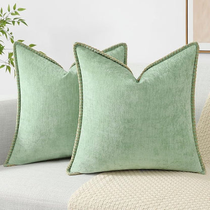 decorUhome Christmas Chenille Soft Throw Pillow Covers 24x24 Set of 2, Farmhouse Velvet Neutral Decorative Euro Pillow Covers with Stitched Edge for Couch Sofa Bed Home Decor, Sage Green
