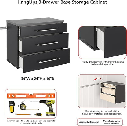 Prepac HangUps 30'' Garage Storage Cabinet with 3 Drawers, Wood Wall Mount Pantry Cabinet, Wall Hanging Laundry Room Cupboard, Kitchen Pantry for Garage, Kitchen and Laundry Organization, Black
