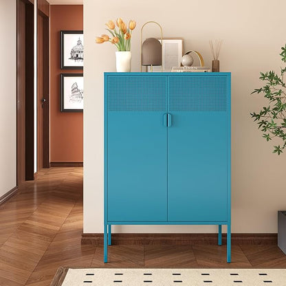 Blue Metal Storage Cabinet - 3 Tier Steel Office Storage Cabinet with Doors and Shelves for Home, Office and Kitchen