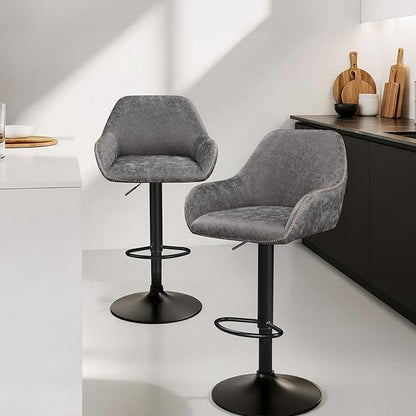 Yaheetech Bar Stools Set of 2, PU Leather Swivel Counter Height Barstools, Adjustable Bar Chairs with Backrest and Footrest, Kitchen Island Stool for Home Kitchen, Grey
