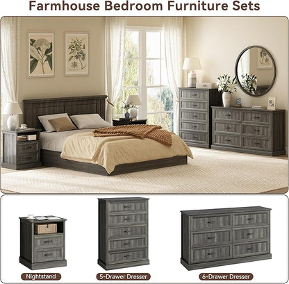 CARPETNAL Farmhouse Dresser and Nightstand Sets for Bedroom, 4 Pcs Bedroom Set, 5 Drawer & 6 Drawer Dresser and Nightstand Set of 2, Wood Chest of Drawers for Living Room, Entryway, Grey