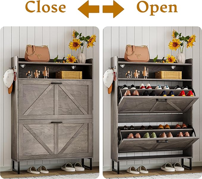Shoe Storage Cabinet with 2 Flip Drawers, Narrow Wood Shoe Cabinet Storage for Entryway with Metal Legs & Hooks, Adjustable Shelves, Freestanding Shoe Rack Organizer for Foyer, Hallway, Grey
