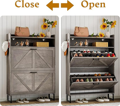 Shoe Storage Cabinet with 2 Flip Drawers, Narrow Wood Shoe Cabinet Storage for Entryway with Metal Legs & Hooks, Adjustable Shelves, Freestanding Shoe Rack Organizer for Foyer, Hallway, Grey