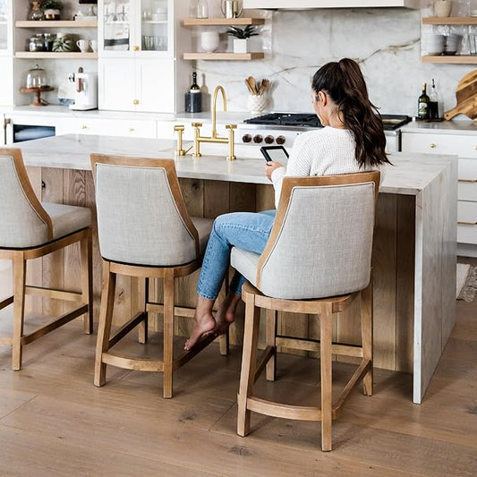 Maven Lane Vienna Counter Stools 26 Inches – Set of 2 – Swivel Stools with Footrests – Brown Solid Wood and Natural Fabric Upholstery – Ideal for Kitchen Islands and Counters