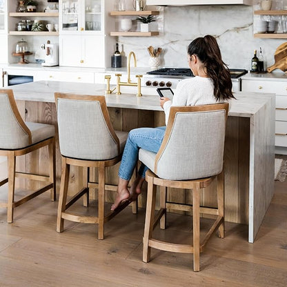 Maven Lane Vienna Counter Stools 26 Inches – Set of 4 – Swivel Stools with Footrests – Brown Solid Wood and Natural Fabric Upholstery – Ideal for Kitchen Islands and Counters