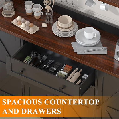 Hutch Storage Buffet Cabinet with Drawers, and Charging Station, Coffee Bar Cabinet with Barn Doors, Wine Rack and Hooks, White Wood Sideboard Buffet for Kitchen, Dining Room, 47.8" High