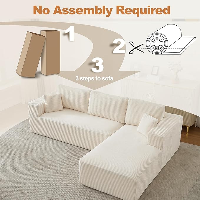 106" Cloud Modular Sectional Sofa Couch with L-Shape Chaise,Modern Boneless Sectional Couch with Deep Seat,Upholstered Couches for Living Room Bedroom,No Assembly Required,Beige