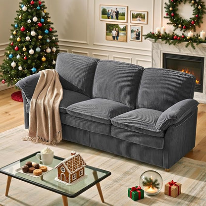 ONBRILL 86.6" Corduroy Couches for Living Room, Comfy 3 Seater Sofa with Pillow-Top Armrest & Dual-Layer Cushions, Mid Century Modern Couch for Bedroom, Apartment, Grey