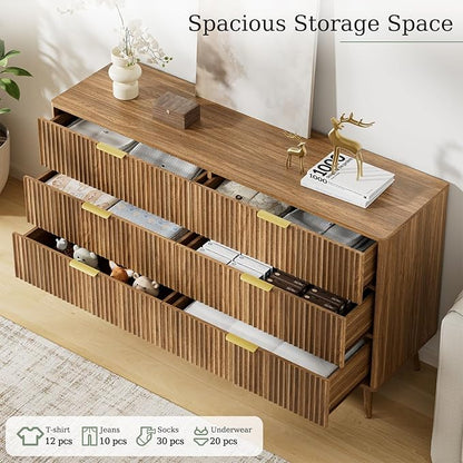 LYNSOM Fluted Dresser and Nightstand Sets 2 Piece, 1-Drawer Nightstands and 6-Drawers Dresser, Wood Bedroom Furniture Set for Home, Bedroom, Hallway, Natural Oak