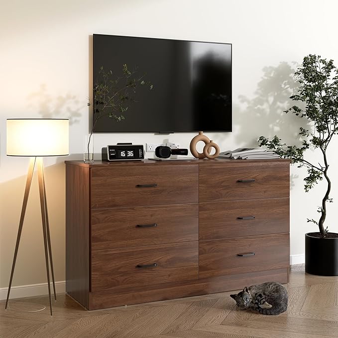 Bigbiglife Wood Dresser for Bedroom, 6 Drawer Double Dresser, Mid Century Modern Chest of Drawers with Deep Drawers, Large Storage Organizer for Living Room, Closet(Walnut Brown)