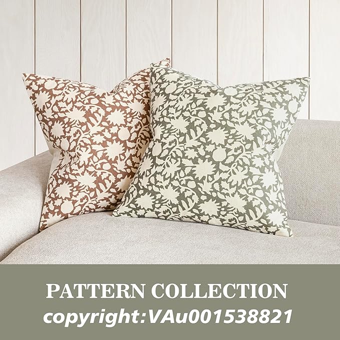 Foindtower Set of 2 Decorative Neutral Floral Throw Pillow Covers Accent Farmhouse Cushion Covers Boho Vintage Pillowcase for Couch Sofa Bedroom Living Room Home Decor,24×24 Inch,Sage Green