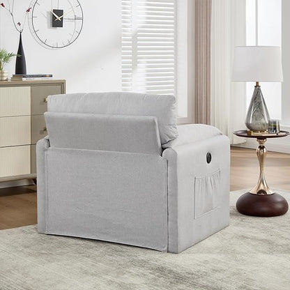 Oversized Accent Chair Mid-Century Modern Armchair for Living Room,USB and Type-C Ports,Comfy Reading Chairs for Bedroom with Side Pockets,Extra-Wide Single Sofa Chair (LightGrey, Set of 1)