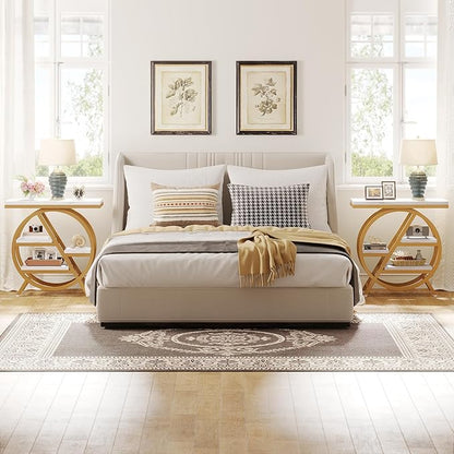 Tribesigns End Table for Living Room, 3-Tier Faux Marble Side Table with Storage, Wood Narrow Sofa Side Table with Geometric Metal Frame, Modern Nightstand and Bedside Table for Bedroom, Gold & White