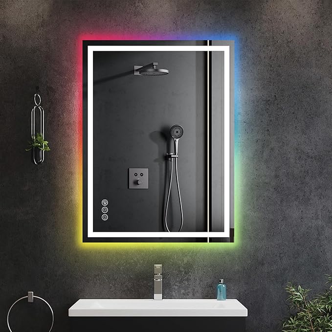 Awoco LED Bathroom Mirror, 24" x 32" Vanity Mirror with 8 Colors RGB Backlit and 3 Colors Front Light, Dimmable Anti-Fog Lighted Mirror, Memory Function, Mirror for Bathroom Wall
