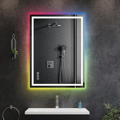 Awoco LED Bathroom Mirror, 24" x 32" Vanity Mirror with 8 Colors RGB Backlit and 3 Colors Front Light, Dimmable Anti-Fog Lighted Mirror, Memory Function, Mirror for Bathroom Wall