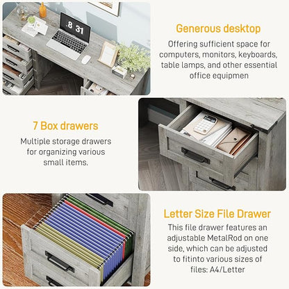 Vabches Farmhouse 60.6” Executive Desk with 7 Drawers, Computer Desk with File Drawer for Hanging Files A4, Workstation for Home Office, Study.Grey