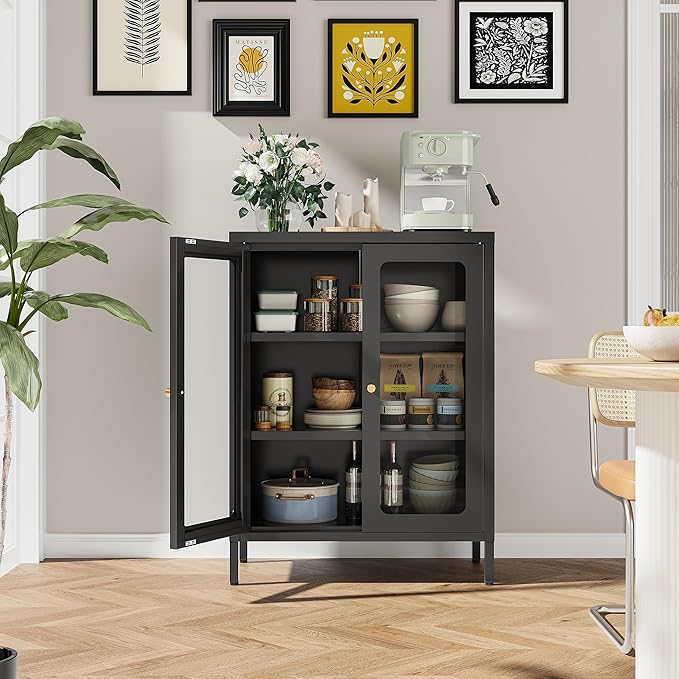 Small Display Cabinet with Glass Doors, 12" Shallow Metal Storage Cabinets Short Bookcase Cabinet with Two Door Two Shelves Metal Glass cabinets for Home Office Living Room