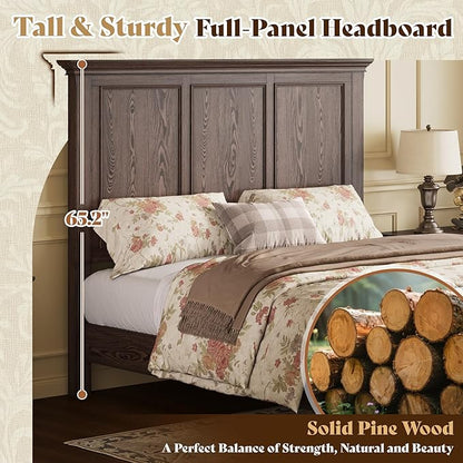 AMERLIFE Solid Wood King Bed Frame with 65.2" High Headboard, Traditional Platform Bed with Heavy Duty Slats, No Box Spring Needed, Easy Assembly, Dark Brown