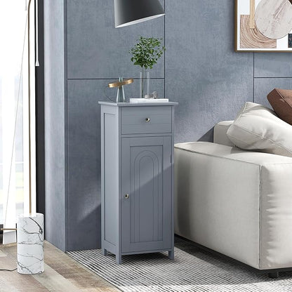 LOKO Bathroom Floor Cabinet, Freestanding Single Door Storage Cabinet with Drawer & Adjustable Shelves, Corner Narrow Storage Organizer for Living Room, Entryway (Grey)