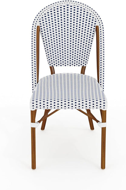 Martha Stewart Lily Pond Indoor-Outdoor Stackable Aluminum Bistro Chair with Natural Woodgrain Frame Finish and White/Navy Woven Rattan Backrest and Seat