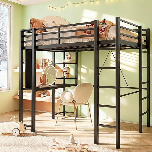 SUNLEI Metal Twin Loft Bed with Desk, Twin Size Loft Bed with 2 Built-in Ladders & Safety Guard, for Small Bedroom Noise Free, Charcoal Black