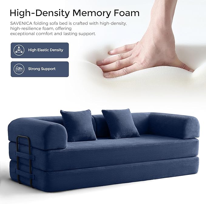 79" Convertible Sofa Bed with Fixed-Shape Frame & Removable Armrests, Modular Corduroy Sleeper Sofa, Folding Mattress Couch for Small Spaces - No Assembly Needed in Navy Blue (Includes 2 Pillows)