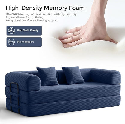 79" Convertible Sofa Bed with Fixed-Shape Frame & Removable Armrests, Modular Corduroy Sleeper Sofa, Folding Mattress Couch for Small Spaces - No Assembly Needed in Navy Blue (Includes 2 Pillows)