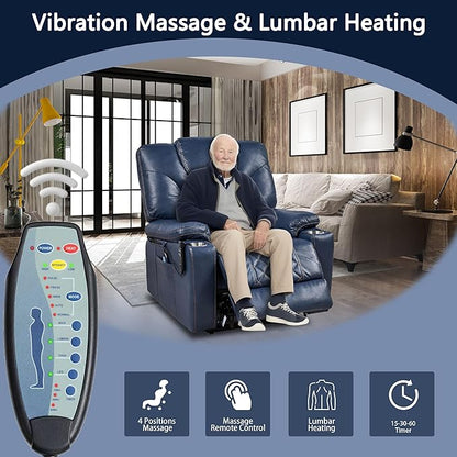 Lift Chair for Elderly: 9988 High Density Foam Lay Flat Heat and Massage, Reclining to 180, 2 Pockets Cup Holders, 2 Remote Controls, Dual OKIN Motors - Breathable Leather Navy Blue